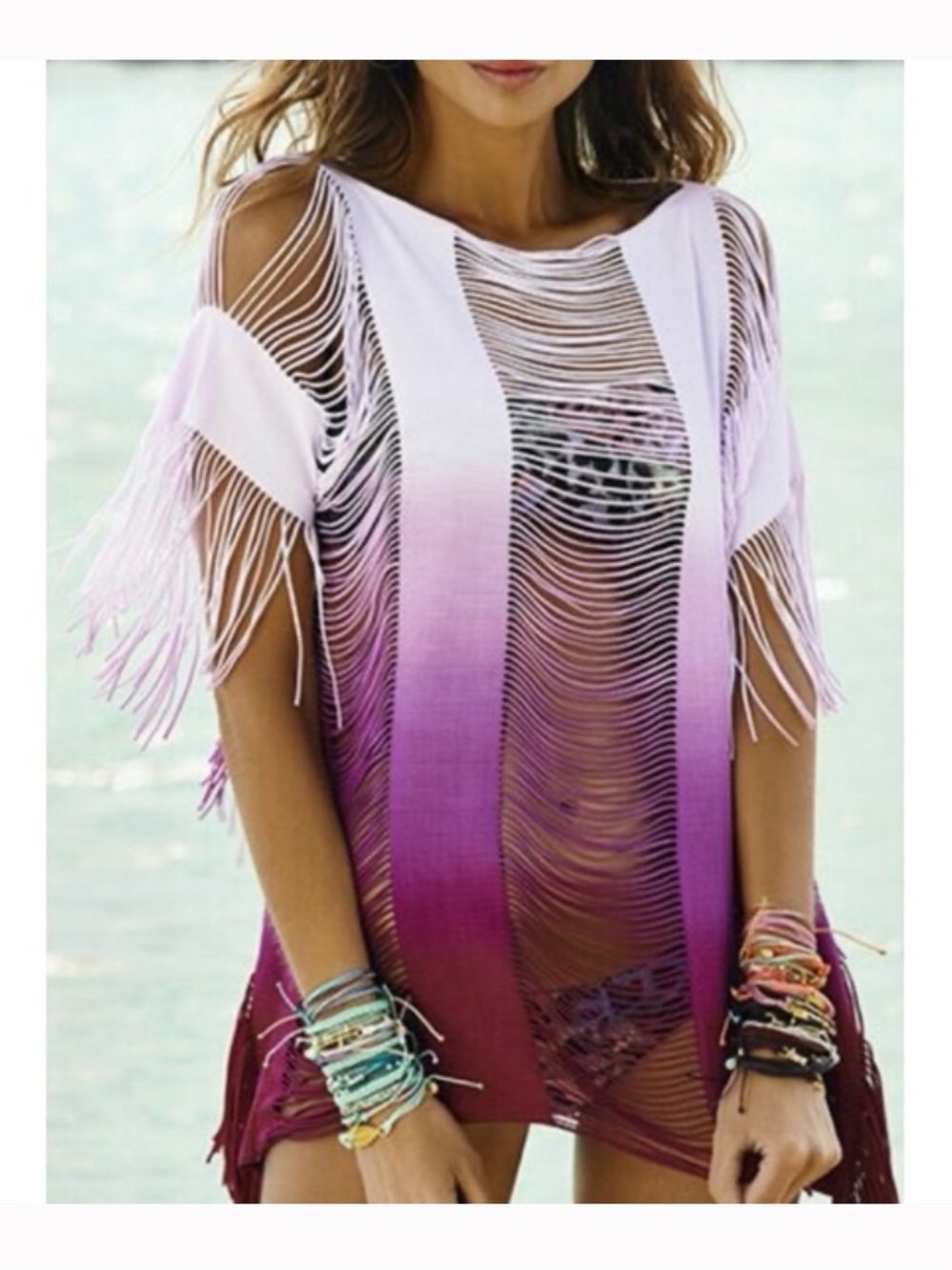 PilyQ Pink Ombre Fringe Tube Top Cover Up Lace Up Knit Boho XS / S